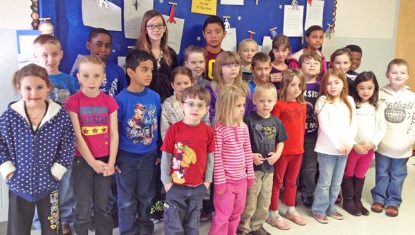 These students had their writing selection chosen to be featured on the “Writing Space” at Polk Central Elementary during the month of March. Front row, left to right: Isaiah Wilmoth, Jaysa Reynolds, Macoda Martin, Myra McMahon, Kelsey Galus, Mia Bradley and Derrick Griffin; middle row: Ava Brady, Elizabeth Seaman, Angel Alvarez-Vazquez, Gracy Roberts, Michelle Ketwitz, Alexis Carroll, Conner O’Shields, Jaden Atkins and Amelia Nespeca; back row: Malachi Painter, Dominque Carson, Victoria Ward, Joel Resendiz, McKenna Hill, Sasha Walker, Tyra Martin and Timothy Simmons. (photo submitted by Lisa Pritchard)