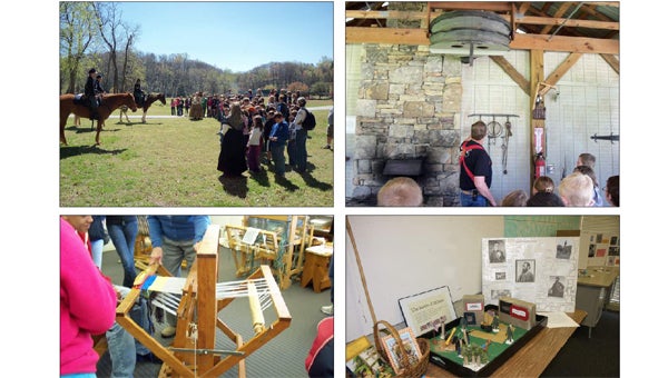 Top left: Students enjoy the Civil War Camp during Harmon Field Heritage Days last year. Top right: Volunteers come out every year to provide live reenactments of Civil War battles, camp sights of soldiers and more to teach kids in a visual manner about the Civil War and how it affected the area. Top right: Bill Crowell of Saluda Forge teaches kids about blacksmithing. Bottom left: Tryon Arts and Crafts gave students an opportunity to learn about crafts during the Civil War era. Bottom right: Area students make displays for sharing at Harmon Field Heritage Days. (photos submitted by Lorna Deaver) 