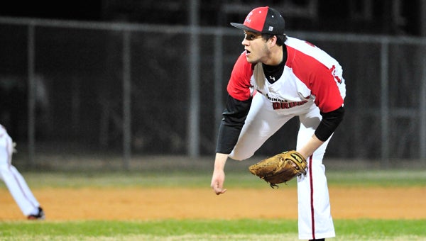 Landrum starting pitcher Ty Pittman on the mound in the Cardinal’s game against Broome. (photo by Mark Schmerling)