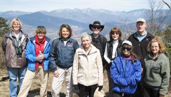 PAC hikers, pictured left to right, are Rennie Habel, Lyn Boeckx, Lois Torlina, Peggy Burke, Bill Coleman, Tammy Coleman, Marie King, Bob Leibfried, and Pat Strother on the peak of High Windy on March 29. (photo submitted by Pam Torlina)