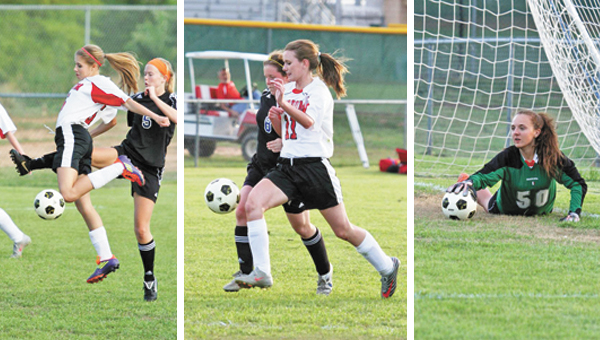 Landrum High School’s varsity girls’ soccer team beat Greenville Tech by a score of 6-5 on Tuesday, April 23. Here Claire Walters works to keep herself between a Greenville Tech player and the ball. The Cardinal’s goalie Morgan Hodges makes a save during the shoot off to maintain Landrum’s victory. The game went into overtime with the score at the end of the second over-time tied at 3 -3. (photos by Lorin Browning)