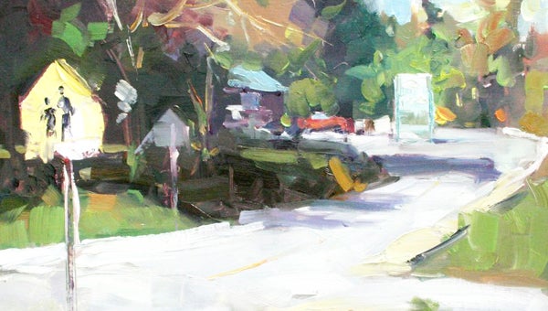 “Slow Down Saluda School Zone” by Saluda artist Jim Carson. Carson will host a plein air workshop May 30-June 1. (artwork submitted)