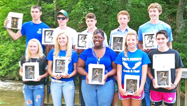 2013 Polk County High track award winners, front left to right: Lacee Keller, Shea Wheeler, Charlie Bullock, Savannah Robbins and Jacob Wolfe; back (left to right): Kevin Angier, Jacob Collins, Matthew Darden, Sean Doyle and Morgan Pratt. (photo submitted by Jenny wolfe) 