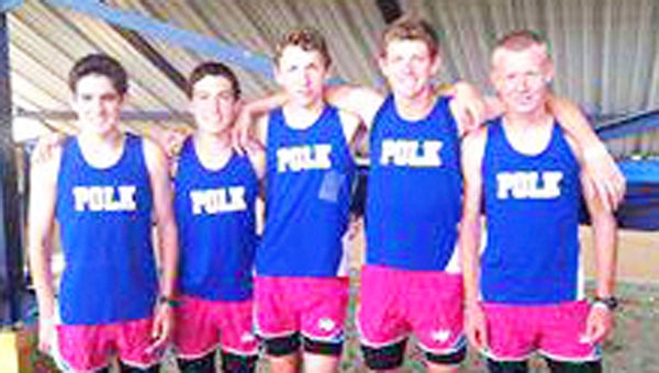 Polk County High’s 4x800-meter relay team competed at the 2A NCHSAA State Track Meet at NC A&T University Friday, May 17.  Sean Doyle, Eli Hall, Jacob Wolfe and Jacob Collins ran 8:45 and placed 11th in the state. Polk’s 4x800 Meter Relay Team (left to right) Jacob Wolfe, Eli Hall, Sean Doyle, Jacob Collins and Mitchell Brown. (photo submitted by Jenny Wolfe)