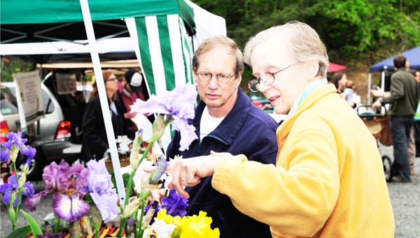 Ellen Hanckels and Scott Derks admire irises being sold by Luann Rossow of Flatlanders Peak Flower Farm at Friday’s Saluda Tailgate Market. (photos by Mark Schmerling)