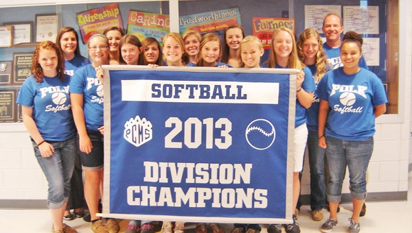 Polk County Middle School Softball team finished with a record of 13-2 and were Division Champions of the Blue Ridge Conference. Team members are: Hannah Emory, Kendall Hall, Haley Fowler, Amber Miller, Ashley Ponder, Savanna Roberts, Riliegh Price, Katelyn Allison, Karli Wood, Lacy Montgomery, Hunter Kilgore, Ashley Scruggs, Autumn Owen and Maranda Gosnell. The team was coached by Rachel Stewman and Kenneth Alexander. (photo submitted by Tracey Clayton) 