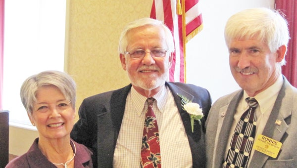 At the annual meeting of the Rotary Club of Tryon held recently at Tryon Estates, Glenn LeFeber (center) was installed as club president. He is pictured along with his wife, Marilyn, and Rotary District Governor Ronnie Thompson at the installation ceremony.  Glenn, a long-time Rotarian, has been a member of the local club since 2002.  He is an Eagle Scout, a graduate of Rochester Institute of Technology and served almost 30 years with the Eastman Kodak Company.  The members of the Rotary Club of Tryon are proud to welcome Glenn as the club’s 87th president. (photo submitted by Bill Hillhouse)