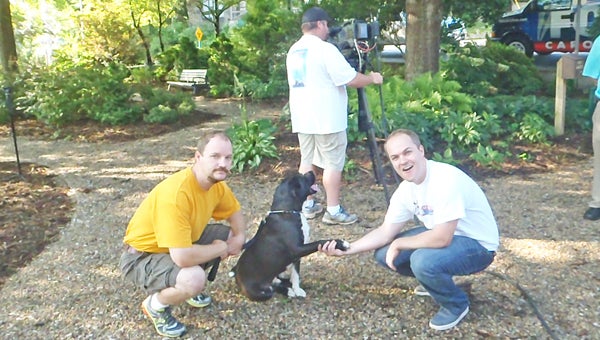 From left to right are Adam Hignite and his dog, Macho, along with Joe Gagnon from Channel 21, The Morning News. (photo submitted by Joyce J. Cox)