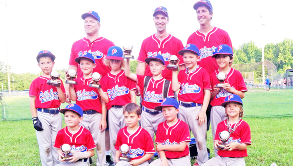 The Polk Red team won this year’s regular season for Division One 7/8-year-olds. Teammates pictured are top row, left to right: assistant coach Merlin Troyer, head coach Joey Whiteside, assistant coach Robert Carter; middle row, left to right: Brandon Troyer, Auston “Buster” Ledford, Cole Pereira, Carson Metcalf, Bryson Jones and Larry “Neon” Traber; front row, left to right: Mark Frantz, Cooper Snyder, Elliott Whiteside and Lawson Carter.