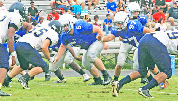 PCHS held its annual Wolverine Jamboree Monday, Aug. 12. Taking part in the preseason scrimmage were E. Rutherford, Chase, N. Henderson, W. Henderson and PCHS. Polk travels tonight to Gaffney for the Border Showcase. Below: Reece Schlabach looks for an open receiver. (photos by Virginia Walker)