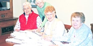 The four volunteers making prayer shawls for “Fiddler on the Roof” are, left to right, Shirley Elliot, Kay Thomas, Fran Creasy and Ursula Elliot. (photo submitted)