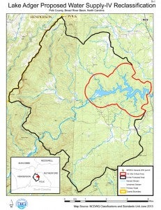 Right: A map of the proposed Green River Watershed area that Polk County has requested be reclassified as class IV. The larger encircled area is the 5-mile protected zone, while the smaller encircled area is the half mile critical area. 