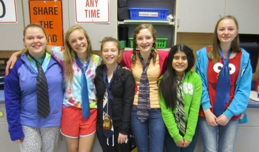 Student Leadership Council sponsored a dress up day at PCMS for students and staff. Seventh graders Bella Bowen, Ailey Morlino, Ashlyn Green, Juniper Walters, Melanie Huizar-Parada and Emma Taylor show off their wacky, tacky side on April Fools Day at PCMS. (photos submitted by Langlee Garrett).