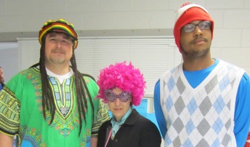 Even staff got involved with their wacky tacky dress on April Fools at PCMS. Pictured are Brian Taylor, Denise Kennedy and Stacey Shields