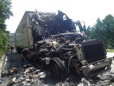 Emergency crews responded to a tractor trailer whose cab caught fire around mile marker 58 of I-26 west early Tuesday afternoon. All lanes remained open for traffic. (Photo submitted by Tawnia Prince)