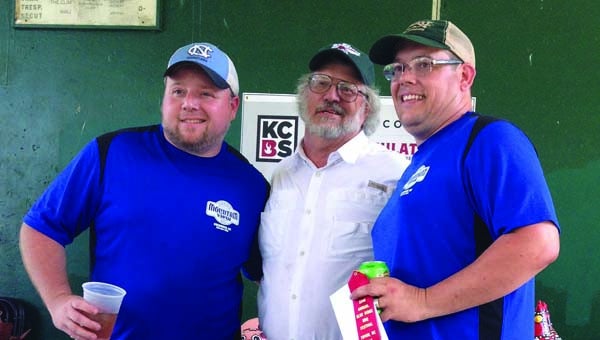 Mountain View BBQ cooking team takes second in “Anything But” contest. From left to right are team member Marshall Watkins, Festival Competition Chairman Carl Wharton and Pitmeister Shane Blackwell. (Photo submitted by Brenda Bradshaw)
