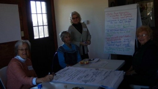 Tryon Garden Club members Sandy Sammons, Annie Ewing, Moderator Jan Woloson and Donna Southworth focus on new suggestions at their strategic planning session.
