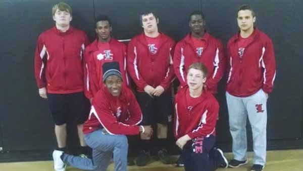 Landrum Strength Team members are, kneeling, Kericho McCauley and Wrenn Pierce, and standing, Blake McCullough, Anthony Anderson, Stanley Belue Taylor, Isaac McDowell and AJ Raber.