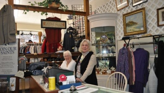 Peggy Wylie and Lucy Mauney enjoy volunteering at St. Luke’s Thrift Shop at 148 N. Trade St. in Tryon.