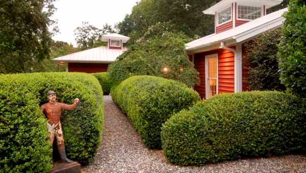 Originally a horse barn this house has hedges that snake their way to the front door.