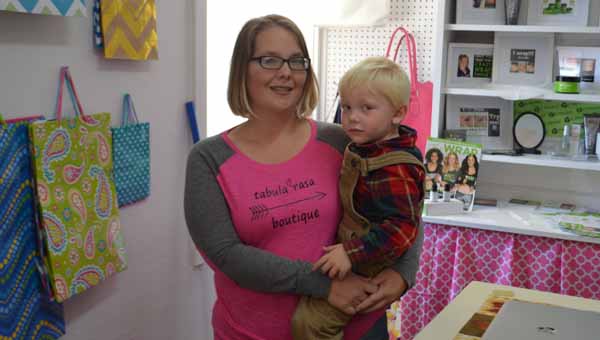 Leah Pyhala, pictured with her son Asher, began Tabula Rasa Blanks in 2013 after a sewing project to make a nursing cover took off. The business is located at 90 Pacolet St. across from the Tryon post office.