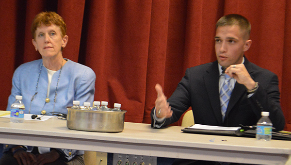 Candidates for NC House of Representatives District 113 Maureen Copelof, Democrat, and Cody Henson, Republican, participated in a public forum Wednesday night at Tryon Estates. (Photo by Michael O’Hearn)