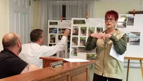 Linda Stevenson, a resident of Case Street in Columbus, told council last week about an erosion problem on her property. She brought pictures and showed council the problems runoff water is creating on her property. (photo by Leah Justice)